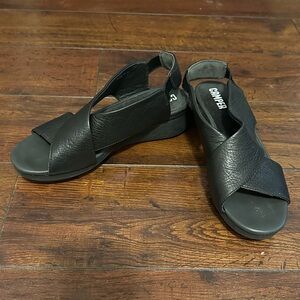 Camper, black, textured leather sandals.